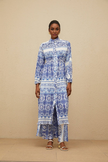 Daria Cardigan & Trousers - Stand - Up Collar - Paisley Print - Pleated Design - Wide Leg - Elasticated Waistband