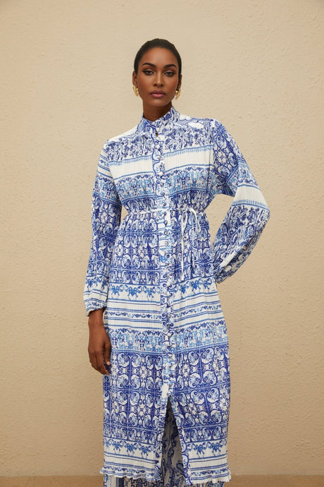 Daria Cardigan & Trousers - Stand - Up Collar - Paisley Print - Pleated Design - Wide Leg - Elasticated Waistband