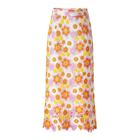 Daria Floral Lace Midi Skirt - High - Waisted Fit - Intricate Embroidery and Scalloped Hem