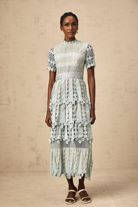 Daria Floral Midi Dress - Short Sleeved - Round Neckline - Lace Trim - Cut - out Design