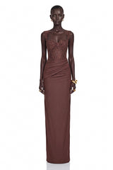 Darya Chocolate Brown Ruched Maxi Dress with Lace Panels