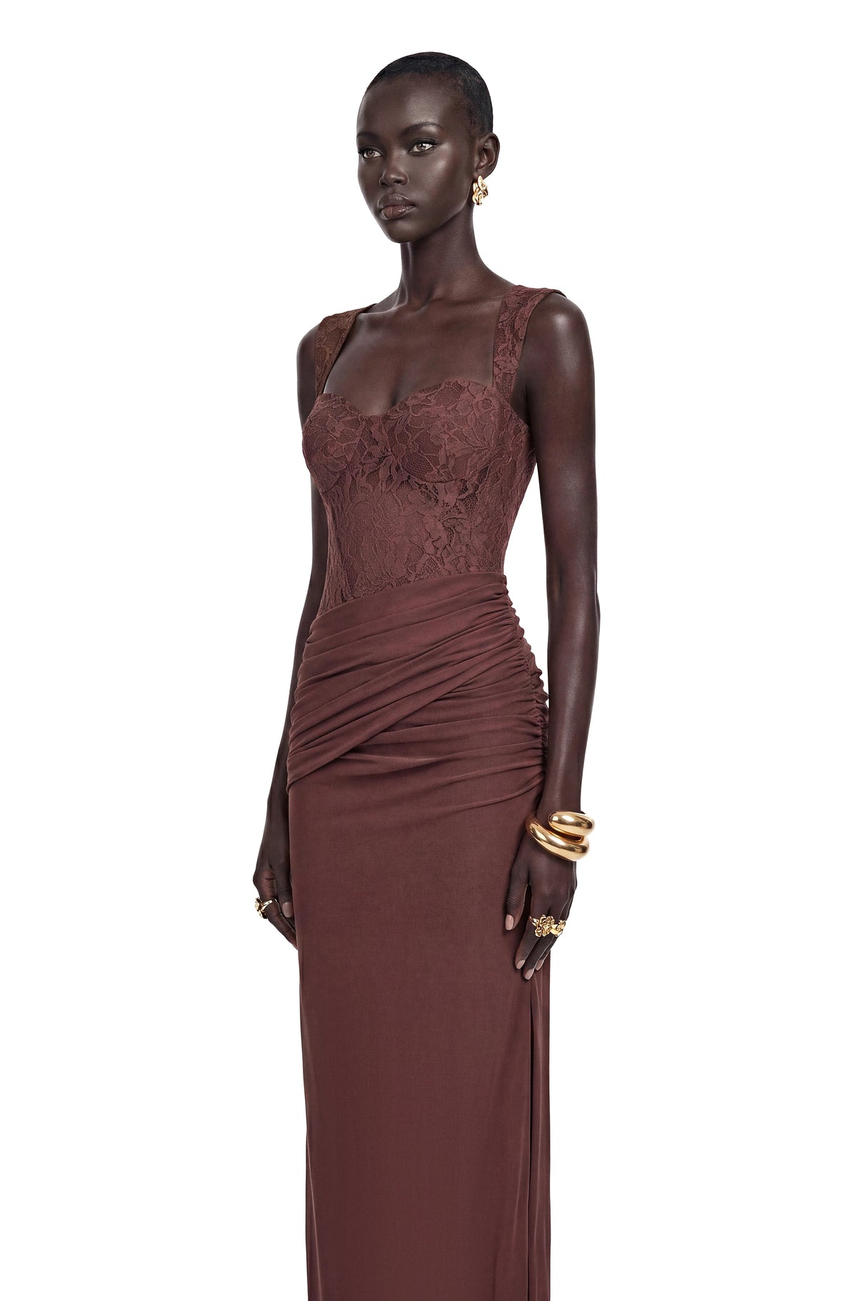 Darya Chocolate Brown Ruched Maxi Dress with Lace Panels