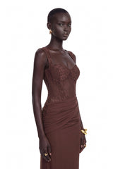 Darya Chocolate Brown Ruched Maxi Dress with Lace Panels