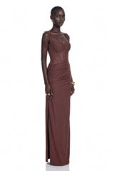 Darya Chocolate Brown Ruched Maxi Dress with Lace Panels