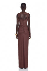 Darya Chocolate Brown Ruched Maxi Dress with Lace Panels