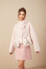 Dayana Coat - Faux fur detailing - Mock neck - Crystal - embellished buttons - Cropped