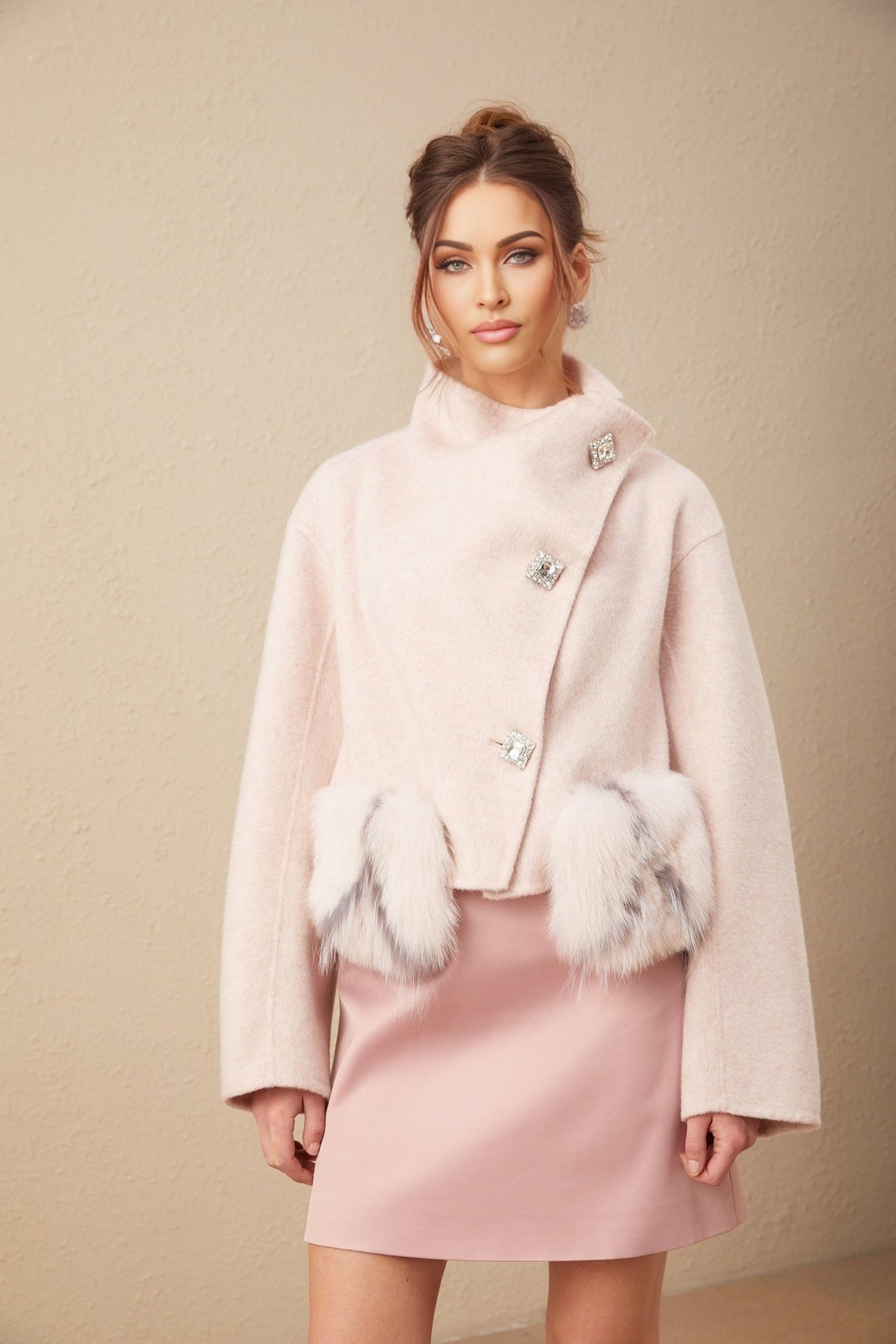 Dayana Coat - Faux fur detailing - Mock neck - Crystal - embellished buttons - Cropped