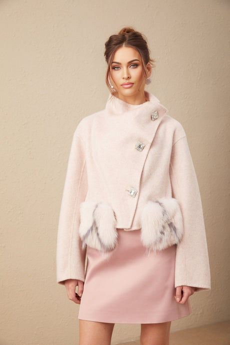 Dayana Coat - Faux fur detailing - Mock neck - Crystal - embellished buttons - Cropped