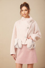 Dayana Coat - Faux fur detailing - Mock neck - Crystal - embellished buttons - Cropped
