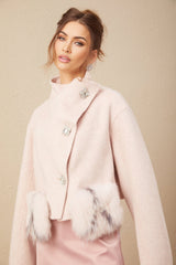 Dayana Coat - Faux fur detailing - Mock neck - Crystal - embellished buttons - Cropped