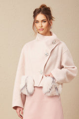 Dayana Coat - Faux fur detailing - Mock neck - Crystal - embellished buttons - Cropped