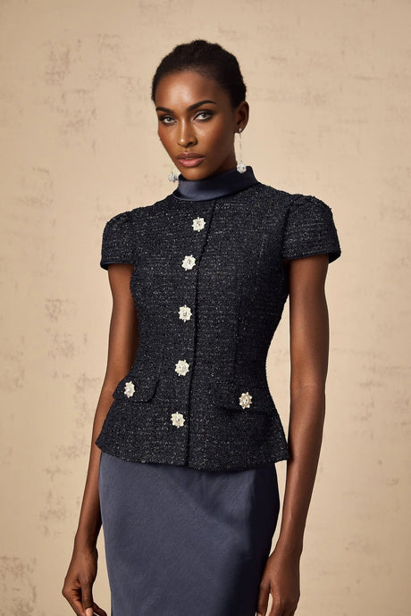Dayana Maxi Dress Navy Blue Detachable Skirt Crystal Buttons