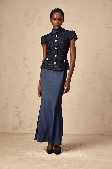 Dayana Maxi Dress Navy Blue Detachable Skirt Crystal Buttons