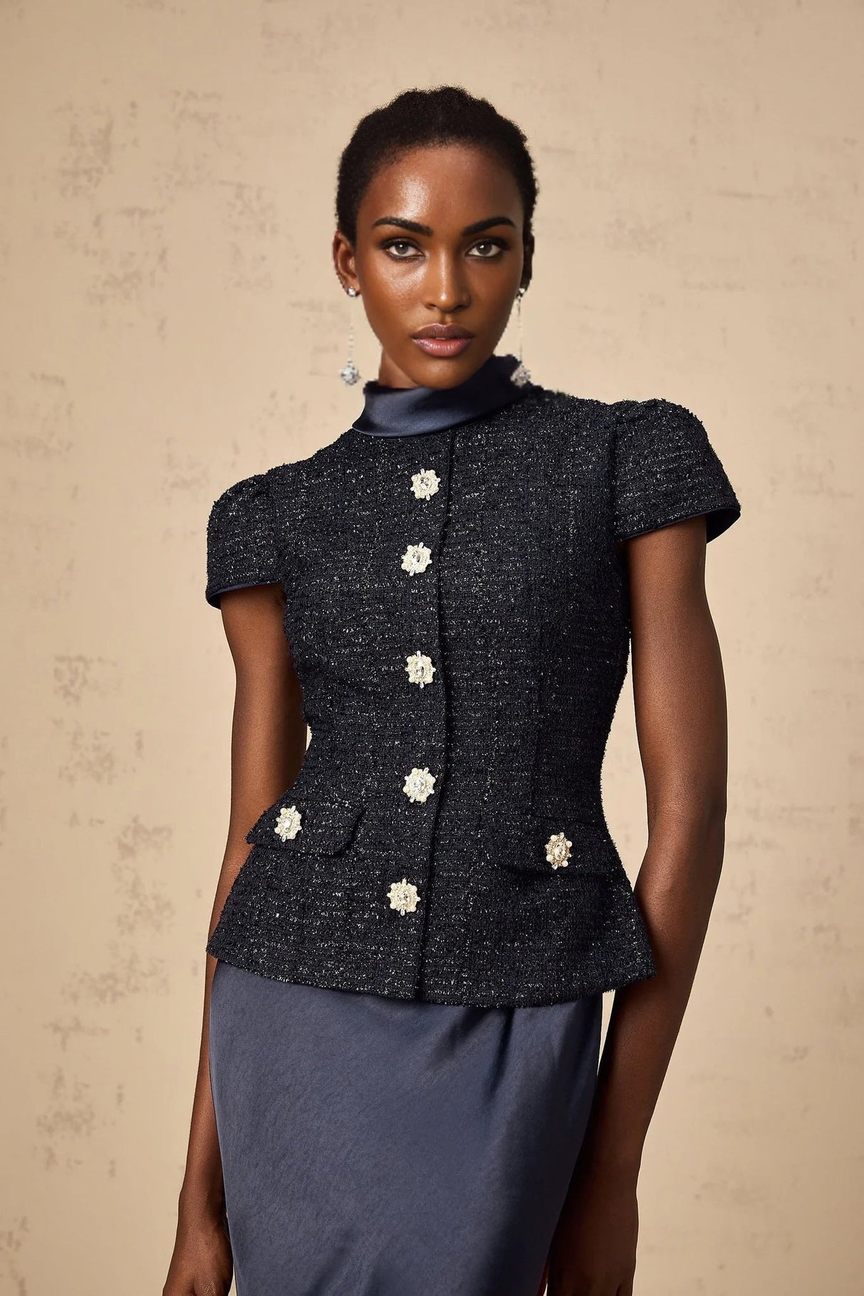 Dayana Maxi Dress Navy Blue Detachable Skirt Crystal Buttons
