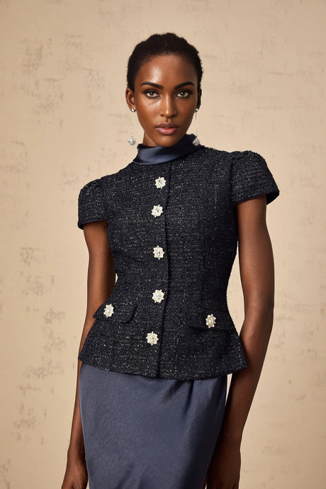 Dayana Maxi Dress Navy Blue Detachable Skirt Crystal Buttons