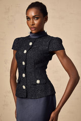 Dayana Maxi Dress Navy Blue Detachable Skirt Crystal Buttons