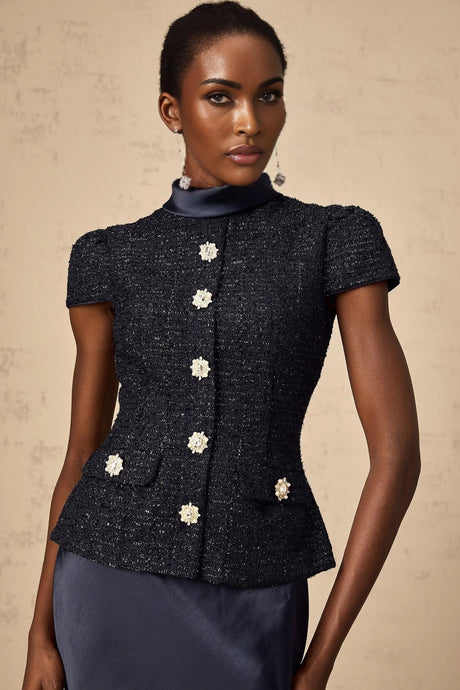 Dayana Maxi Dress Navy Blue Detachable Skirt Crystal Buttons
