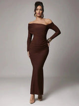 Dayana Maxi Dress - Refined Style - Slim Fit - Mermaid Hem Shape - Asymmetrical Neckline - Long Sleeve Length - Knitted Fabric, High Stretch