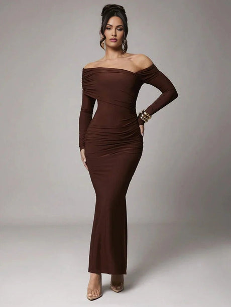 Dayana Maxi Dress - Refined Style - Slim Fit - Mermaid Hem Shape - Asymmetrical Neckline - Long Sleeve Length - Knitted Fabric, High Stretch