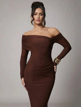 Dayana Maxi Dress - Refined Style - Slim Fit - Mermaid Hem Shape - Asymmetrical Neckline - Long Sleeve Length - Knitted Fabric, High Stretch