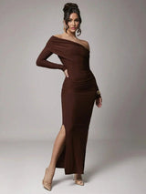 Dayana Maxi Dress - Refined Style - Slim Fit - Mermaid Hem Shape - Asymmetrical Neckline - Long Sleeve Length - Knitted Fabric, High Stretch