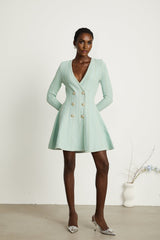 Dayana Mini Dress - V Neck - Long Sleeves - Embossed - tone Buttons - Knitted Construction