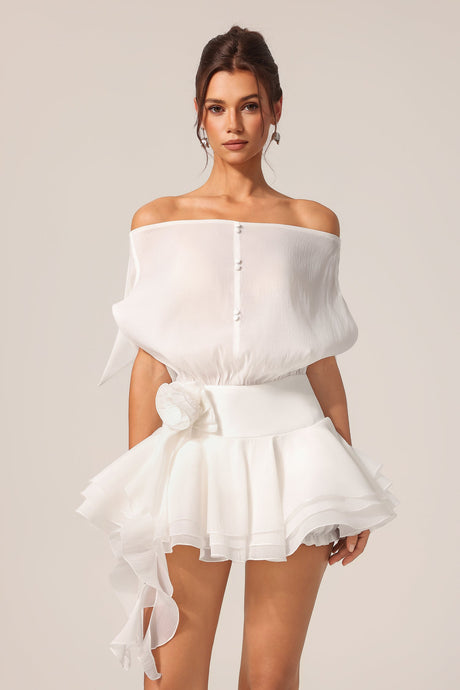 Dayana White Off-the-Shoulder Ruffled Mini Dress with Floral Detailing