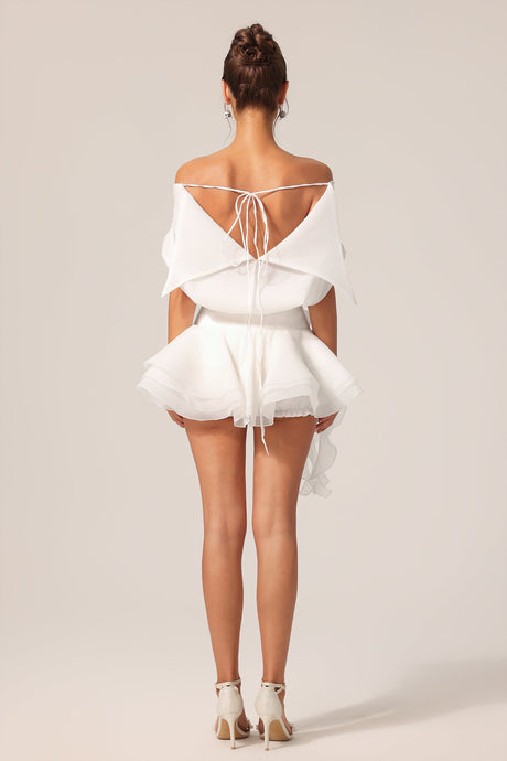 Dayana White Off-the-Shoulder Ruffled Mini Dress with Floral Detailing
