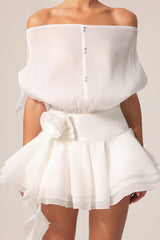 Dayana White Off-the-Shoulder Ruffled Mini Dress with Floral Detailing