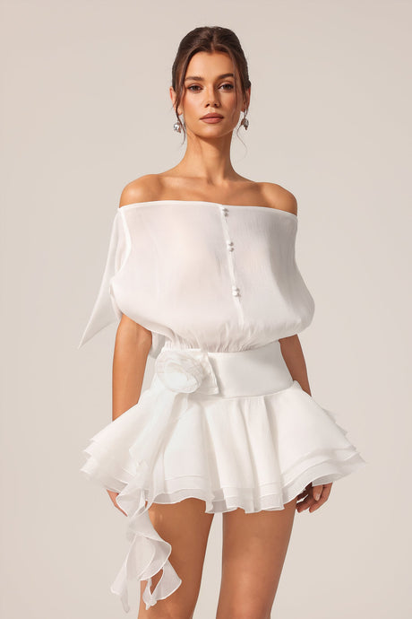 Dayana White Off-the-Shoulder Ruffled Mini Dress with Floral Detailing