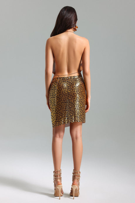 Debora Gold Leopard Print V-Neck Dress with Cut-Out Detailing