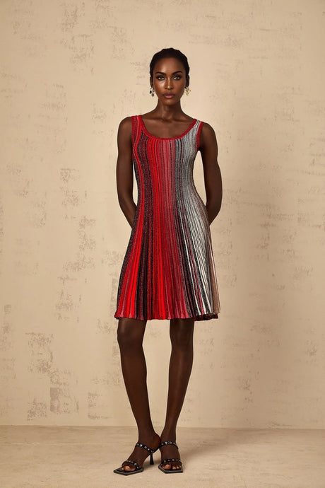 Debora Mini Dress Red Sequin Striped Knit & Metallic Pleated Chic Thigh - Length