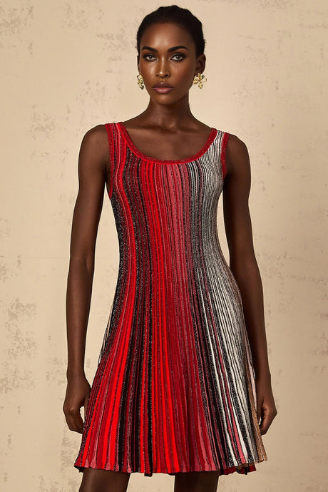 Debora Mini Dress Red Sequin Striped Knit & Metallic Pleated Chic Thigh - Length