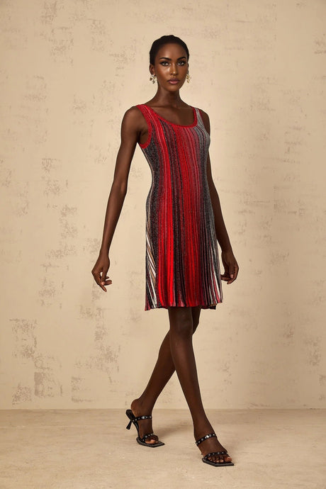 Debora Mini Dress Red Sequin Striped Knit & Metallic Pleated Chic Thigh - Length