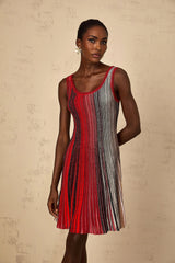 Debora Mini Dress Red Sequin Striped Knit & Metallic Pleated Chic Thigh - Length