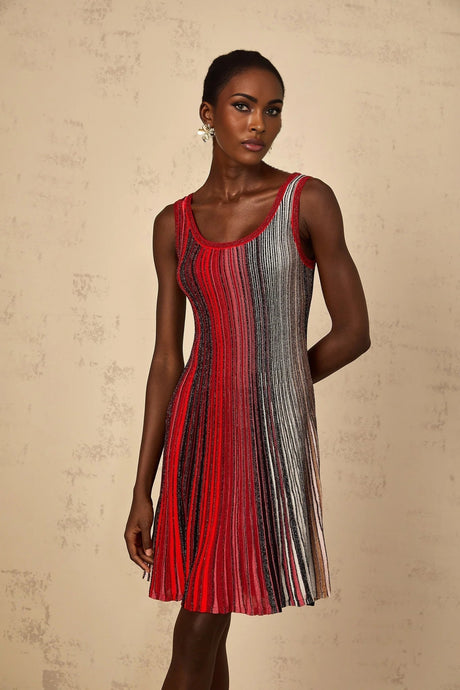Debora Mini Dress Red Sequin Striped Knit & Metallic Pleated Chic Thigh - Length