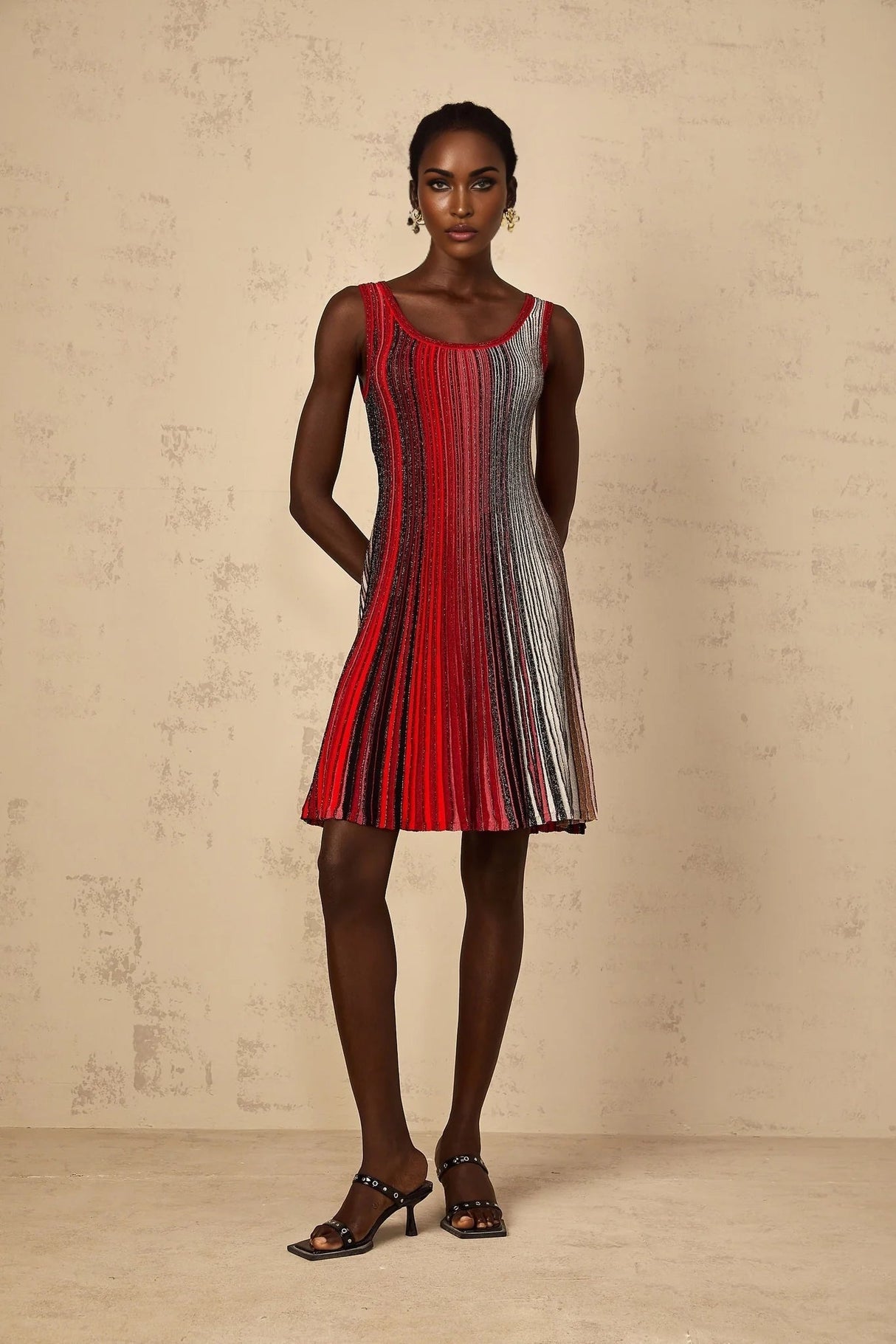 Debora Mini Dress Red Sequin Striped Knit & Metallic Pleated Chic Thigh - Length