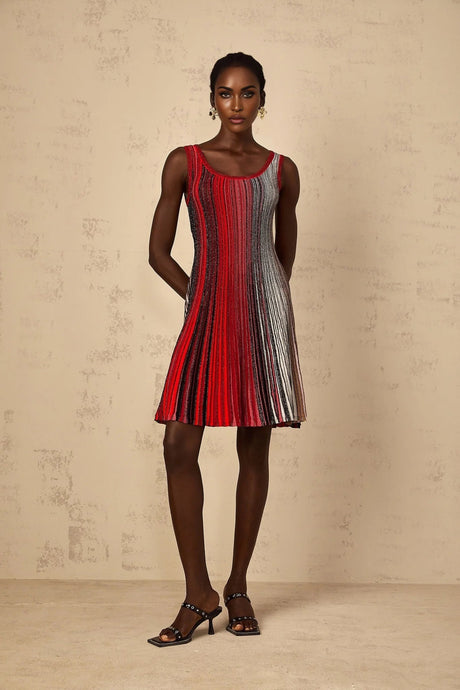 Debora Mini Dress Red Sequin Striped Knit & Metallic Pleated Chic Thigh - Length