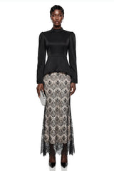 Deborah Black Mock Neck Maxi Dress with Lace Panels
