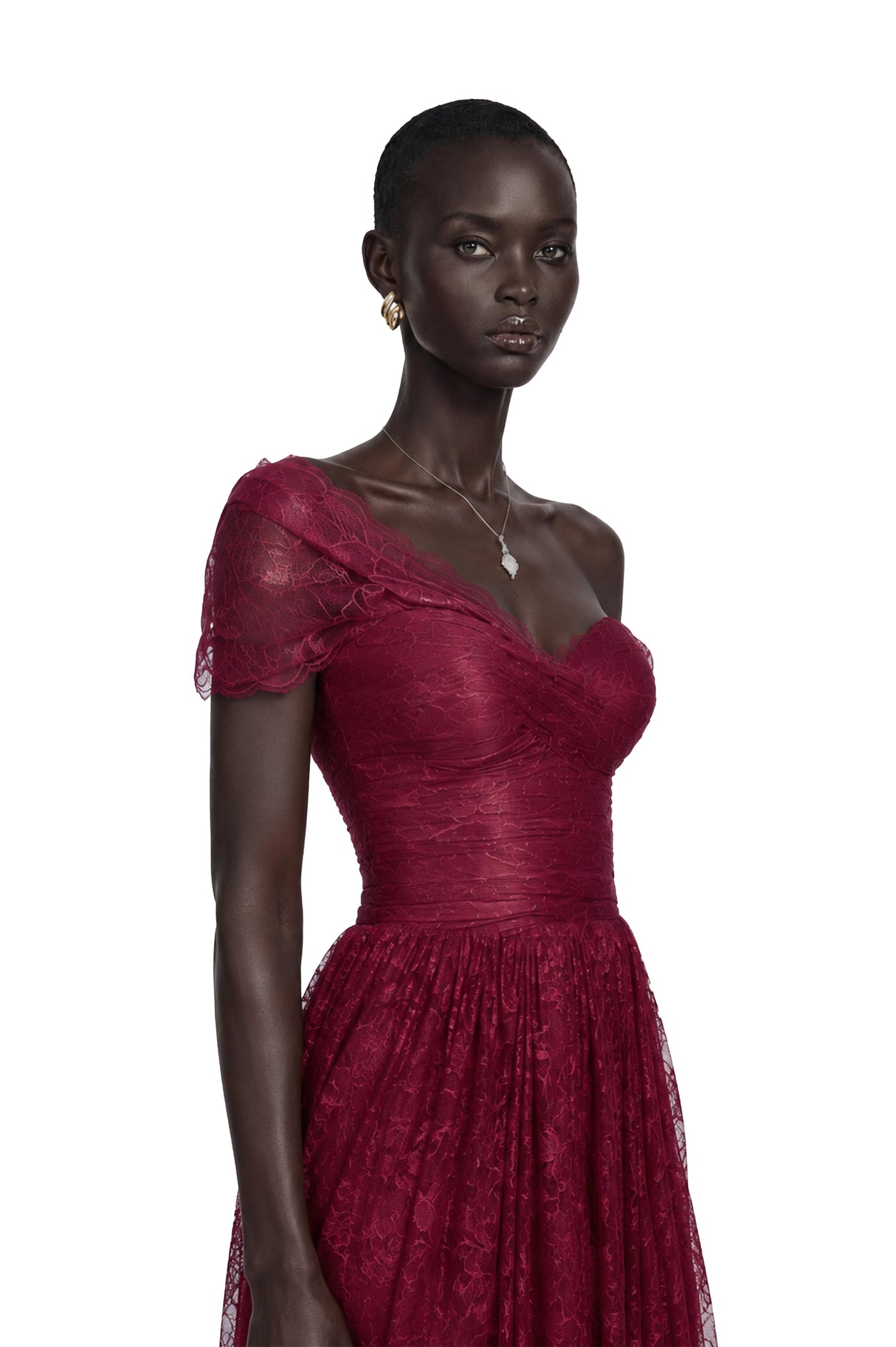 Defne Burgundy One Shoulder Ruched Lace Maxi Dress