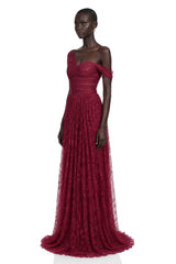 Defne Burgundy One Shoulder Ruched Lace Maxi Dress
