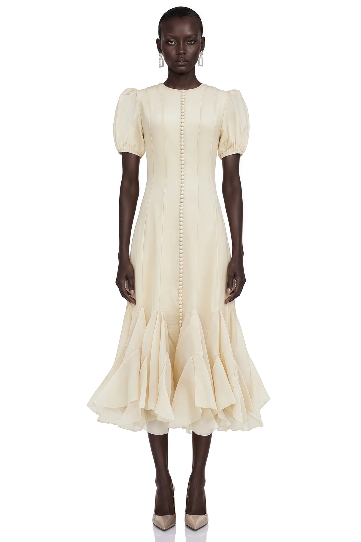 Defne Cream Ruffled Pleated Maxi Dress