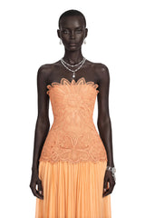 Defne Orange Pleated Maxi Dress with Floral Applique