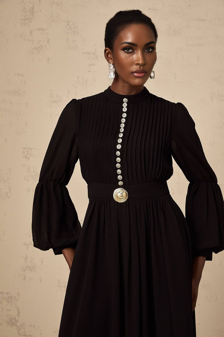 Delaney Midi Dress - Crew Neck - Balloon Sleeves - Cinched Waist - Pleated - tone Buttons
