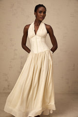 Delaney Midi Dress - Halterneck Sleeveless Tulle Cinched Waist Ankle - Length Zip Fastening