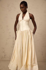Delaney Midi Dress - Halterneck Sleeveless Tulle Cinched Waist Ankle - Length Zip Fastening