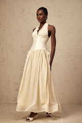 Delaney Midi Dress - Halterneck Sleeveless Tulle Cinched Waist Ankle - Length Zip Fastening