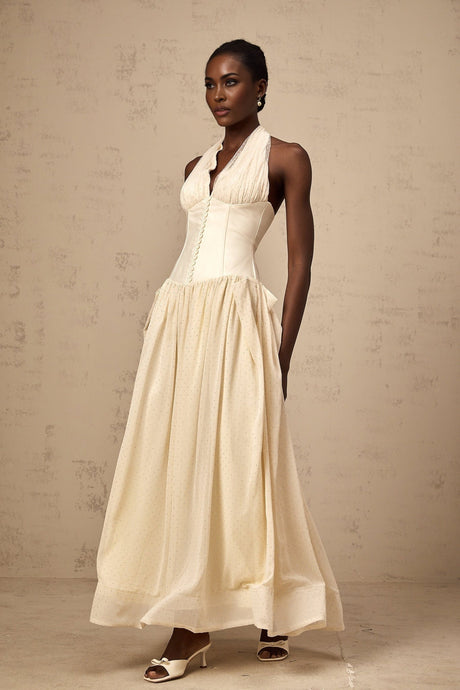 Delaney Midi Dress - Halterneck Sleeveless Tulle Cinched Waist Ankle - Length Zip Fastening