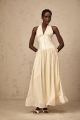 Delaney Midi Dress - Halterneck Sleeveless Tulle Cinched Waist Ankle - Length Zip Fastening