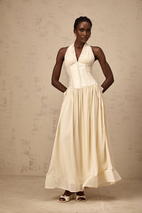 Delaney Midi Dress - Halterneck Sleeveless Tulle Cinched Waist Ankle - Length Zip Fastening